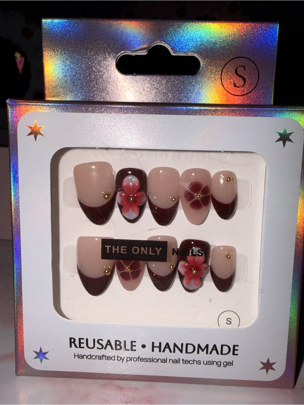 The Only Nails Reusable Handmade Burgundy Floral Press-On Nail Set